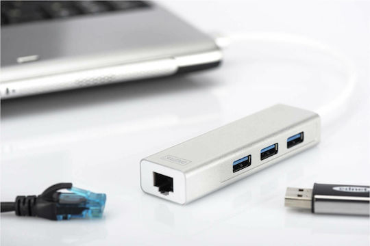 Digitus USB-Hub 3 Anschlüsse USB 3.0 mit USB-A Anschluss / Ethernet Silber