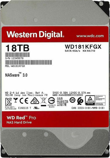 Western Digital Red Pro 18TB HDD Σκληρός Δίσκος 3.5" SATA III 7200rpm με 512MB Cache για NAS / Server WD181KFGX