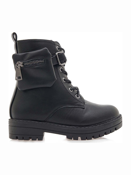 Exe Kids Leather Military Boots with Zipper Black