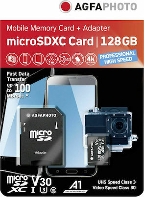 AgfaPhoto microSDXC 128GB Clasa 10 U3 V30 A1 Viteză mare cu adaptor