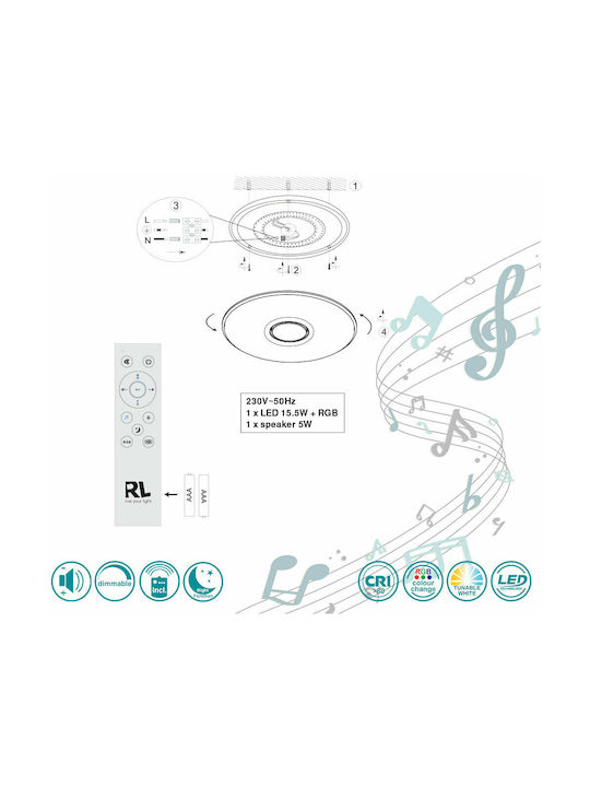 Trio Lighting Musica Smart Deckenleuchte 41cm Weiß mit Integrierter LED und Fernbedienung