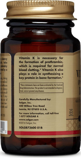 Solgar Vitamin K1 (Phytonadione) Βιταμίνη για την Υγεία των Οστών 100mcg 100 ταμπλέτες