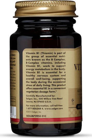 Solgar Vitamin B1 (Thiamin) Vitamin for Nervous System Health 100mg 100 veg. caps