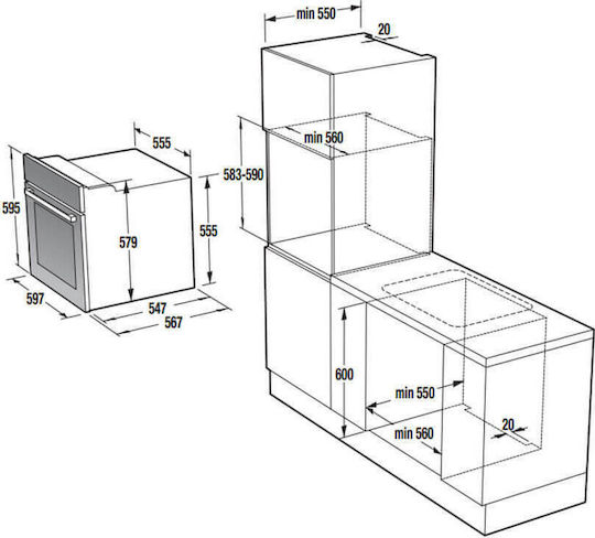 Korting Φούρνος άνω Πάγκου 71lt Π59.5εκ. Inox