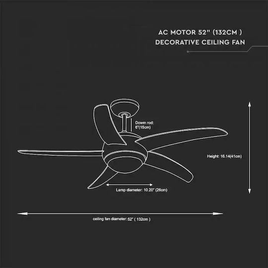 V-TAC Ανεμιστήρας Οροφής 132cm με Φως Καφέ / Χρυσός
