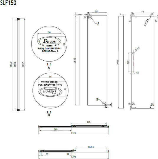 Devon Flow Slider +F3/195-400 Duschwand für Dusche mit Schieben Tür 147-151x195cm Sauberes Glas Schwarz Matt