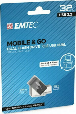 Emtec Dual 32GB USB 2.0 Stick cu conexiune USB-A & USB-C Negru