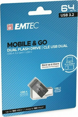 Emtec Dual 64GB USB 2.0 Stick cu conexiune USB-A & USB-C Negru