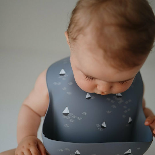 Mushie Boats Waterproof Bib Silicone with Button & Pocket Navy Blue