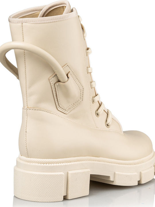 Leather Women's Ankle Boots with Medium Heel Beige