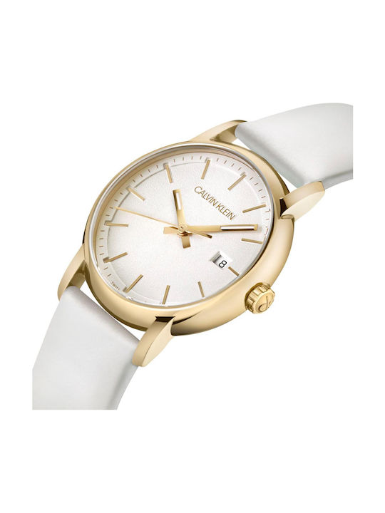 Calvin Klein Established Leather Strap Watch with White Leather Strap