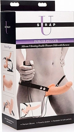 Strap U Power Pegger Double Strap On Vibrator Gurtzeug mit Doppelter Dildo 17cm und Vibration in Hautfarbe