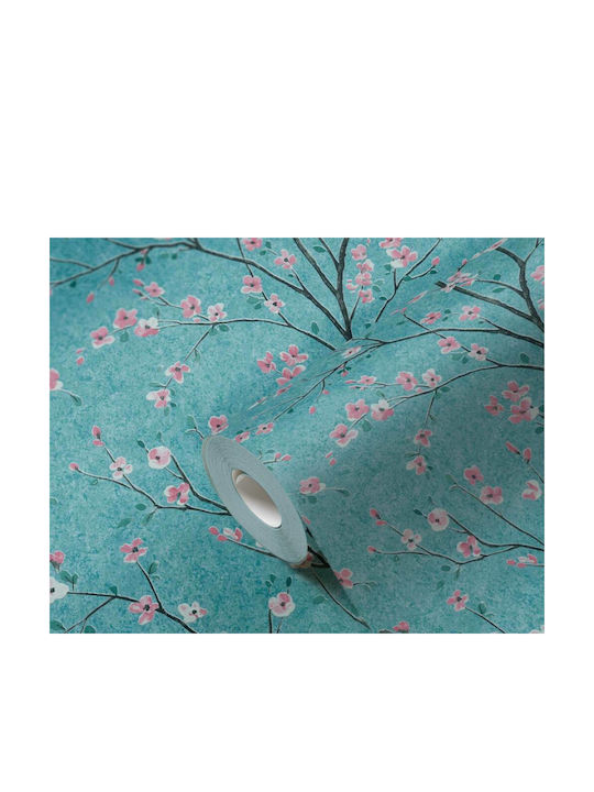 Wall Wallpaper Floral Vinyl Turquoise 1005x53cm Washable
