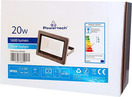Powertech Στεγανός Προβολέας LED 20W Ψυχρό Λευκό 6500K IP65