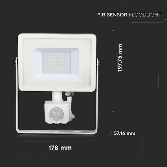 V-TAC Vt-30-s Waterproof LED Flood Light 30W Natural White 4000K with Motion Sensor IP65