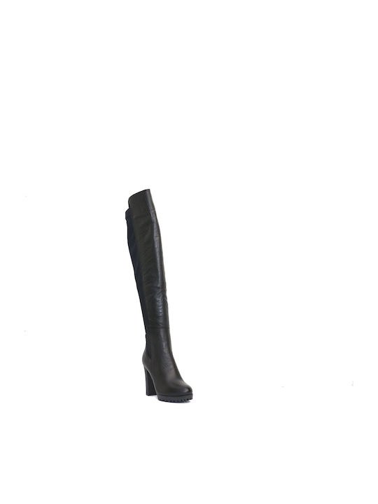 Leather Over the Knee High Heel Women's Boots with Rubber 1722 Black
