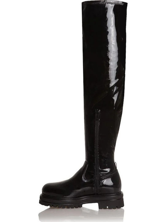 Damenstiefel Über dem Knie aus Lackleder Schwarz
