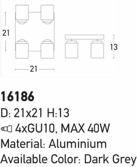 Zambelis Lights Σποτ με 4 Φώτα και με Ντουί GU10 σε Γκρι Χρώμα
