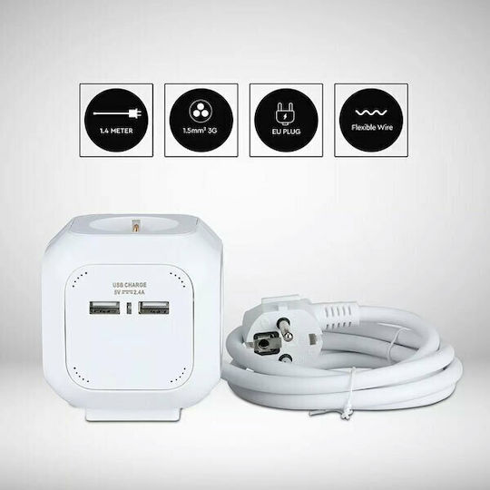 V-TAC Πολύπριζο 4 Θέσεων με 2 USB-A και Καλώδιο 1.4m
