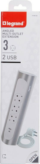Legrand Corner Πολύπριζο 3 Θέσεων με 1 USB-A, 1 USB-C και Καλώδιο 1m Ασημί