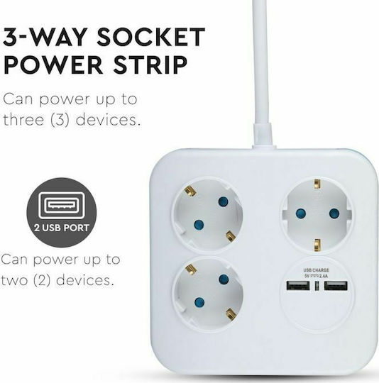 V-TAC Πολύπριζο 3 Θέσεων με 2 USB-A και Καλώδιο 1.4m