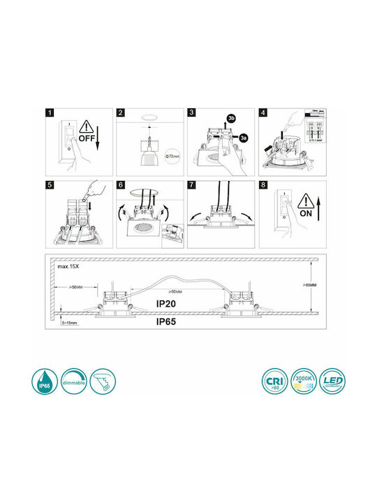 Trio Lighting Pătrat Metalic Spot Încorporat cu LED Integrat și Lumină Alb Cald Argintiu 5x5cm. 3buc