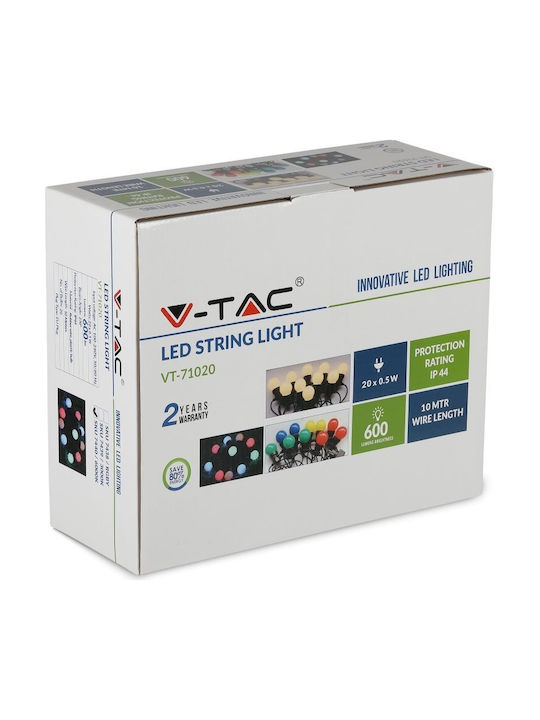 V-TAC Στεγανή Γιρλάντα Φωτισμού LED IP44 10m με 20 Λάμπες Ψυχρό Λευκό