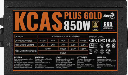 Aerocool Kcas Plus 850W Μαύρο Τροφοδοτικό Υπολογιστή Full Wired 80 Plus Gold