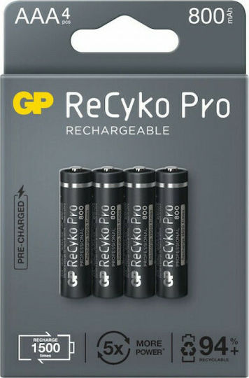 GP Batteries Recyko+ Pro Επαναφορτιζόμενες Μπαταρίες AAA Ni-MH 800mAh 1.2V 4τμχ