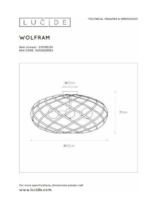 Lucide Lightning Wolfram Mount Ceiling Light 65cm Black with E27 Lamp Holder
