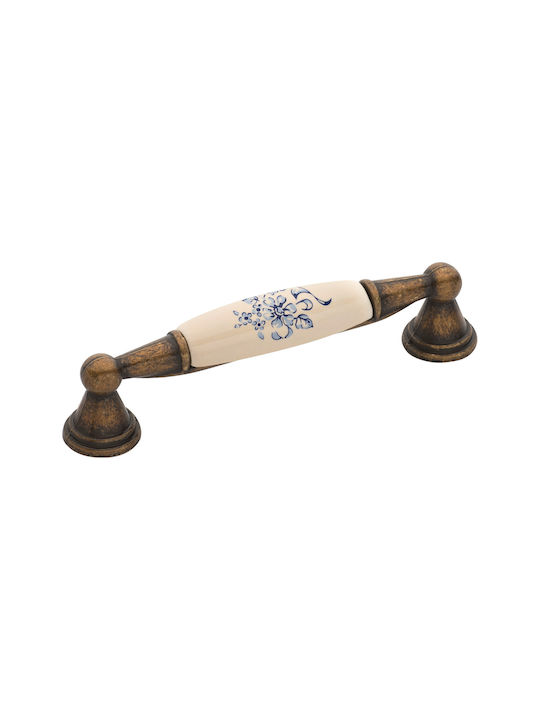 Roline Vintage Porcelain & Metallic Furniture Handle 520 Γαλάζιο Λουλούδι 120mm (Hole Centers 96mm)