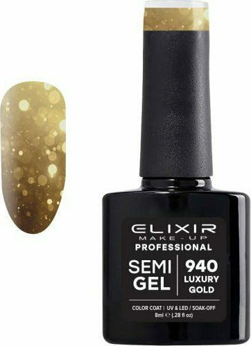 Elixir Semi Gel Ημιμόνιμο Βερνίκι Νυχιών 940 Luxury Gold με Glitter 8ml