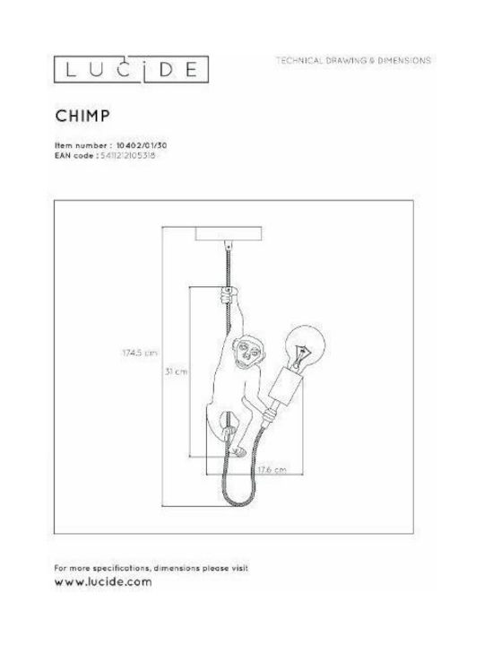 Lucide Lightning Chimp Pendant Light Gold with Socket E27 18cm