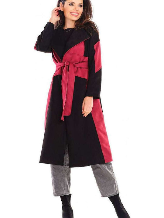 Women's Black/Bordeaux Coat with Belt