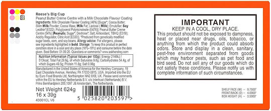 Reese's Peanut Butter Big Cup Milk Chocolate Bags Peanut Butter Gluten Free 39gr
