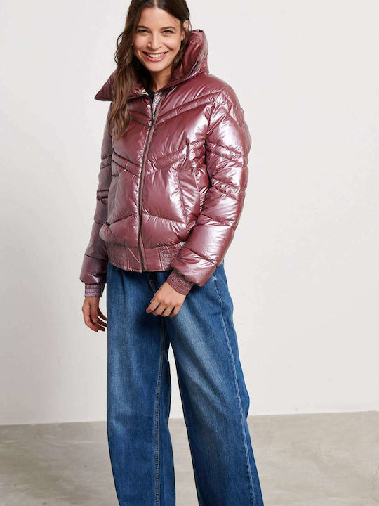 Κοντό Γυναικείο Puffer Μπουφάν για Χειμώνα Rose Brown