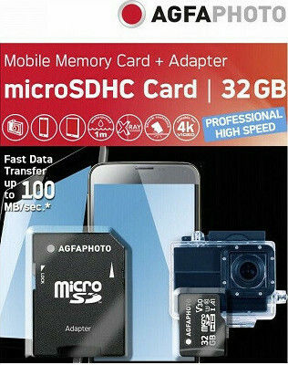 AgfaPhoto microSDHC 32GB Class 10 U3 V30 A1 UHS-I with Adapter