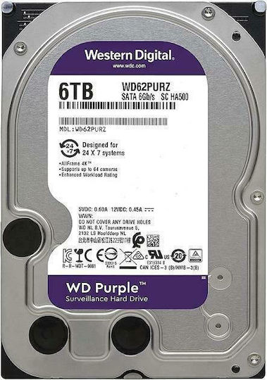 Western Digital Purple Surveillance 6TB HDD Hard Drive 3.5" SATA III 5700rpm with 128MB Cache for Recorder WD62PURZ