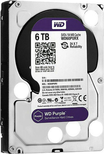 Western Digital Purple Surveillance 6TB HDD Hard Drive 3.5" SATA III 5700rpm with 128MB Cache for Recorder WD62PURZ