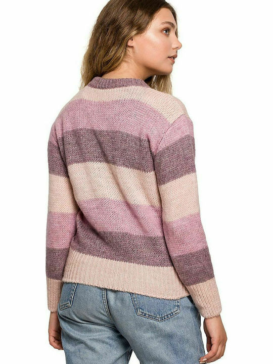 BE Knit BK071 Women's Long Sleeve Sweater Woolen Striped Lilacc