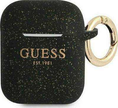 Guess Silicone Glitter Hülle Silikon mit Haken in Schwarz Farbe für Apple AirPods 1 / AirPods 2