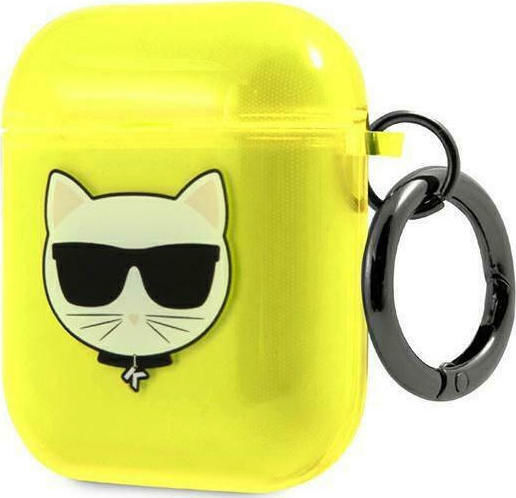 Karl Lagerfeld Choupette Hülle Silikon mit Haken in Gelb Farbe für Apple AirPods 1 / AirPods 2