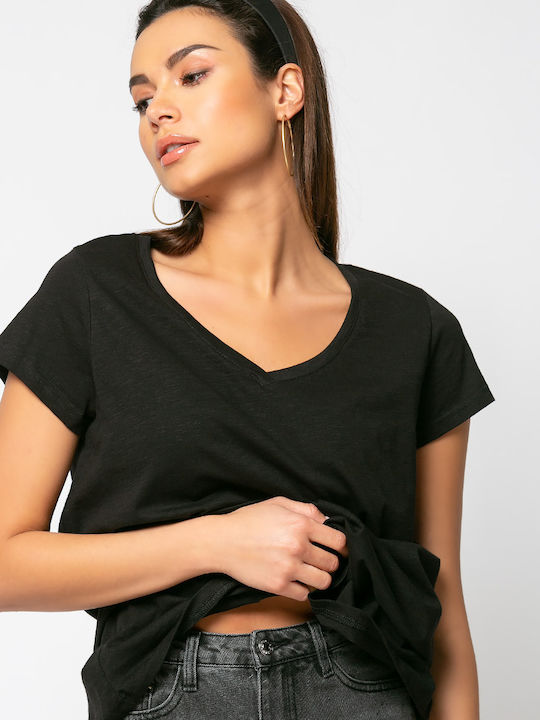 Noobass Damen T-shirt mit V-Ausschnitt Schwarz