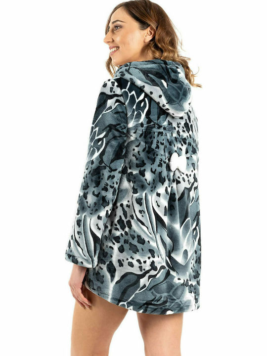 Koyote Winter Damen Vlies Bademantel Grey Print