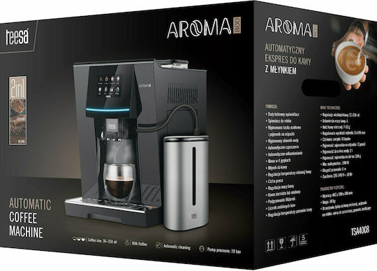 Teesa Aroma 800 Αυτόματη Μηχανή Espresso 1500W Πίεσης 19bar με Μύλο Άλεσης Μαύρη TSA4008