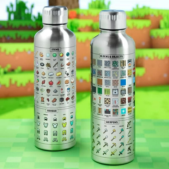 Paladone Minecraft Kids Water Bottle Minecraft Aluminium with Screw Cap Non Spill Silver 500ml