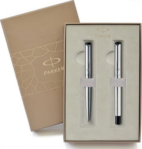 Parker Vector Pen Set Ballpoint Medium made of Steel Silver in a case (in a paper cassette)