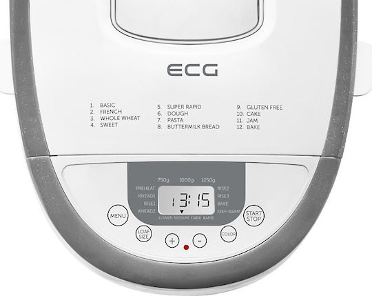 ECG PCB 82120 Bread Maker 850W with Container Capacity 1250gr and 12 Baking Programs
