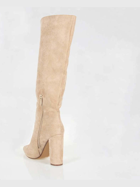 Famous Shoes High Heel Women's Boots with Zipper Q1X1905-2 Beige Q1X1905-2-BEIGE