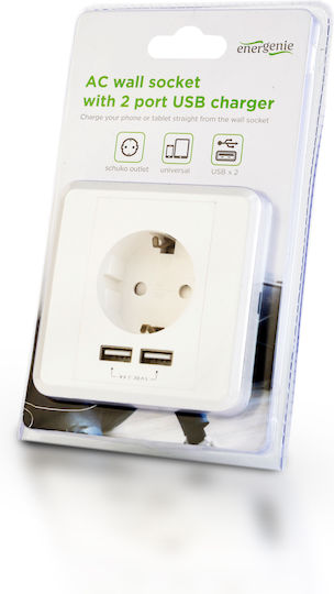 Energenie Μονή Χωνευτή Πρίζα Ρεύματος με 2 Θύρες USB Λευκή